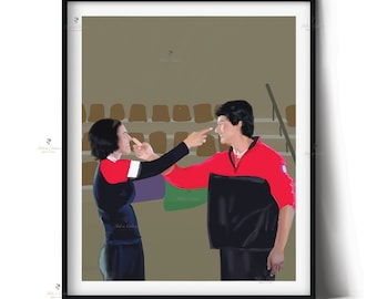 May include: A digital illustration of two people, a woman with short dark hair and a man with dark hair, standing in a room with brown walls and a row of brown seats. The woman is wearing a black dress and a red shirt. The man is wearing a black jacket over a red shirt. The woman is pointing her finger at the man's nose.