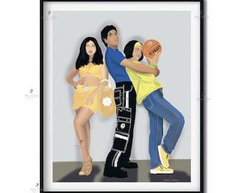 May include: A framed illustration of three people, two women and one man, standing together. The woman on the left is wearing a yellow skirt and a yellow top. The man in the middle is wearing a blue shirt and black pants. The woman on the right is wearing a yellow shirt and blue jeans. The man is holding a basketball.