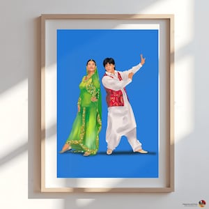 DDLJ Mehendi-dansposter | Shah Rukh Khan Kajol Bollywood-muurkunst | Indiaas huwelijkscadeau | Mehendi Sangeet-decoratie | Romeinse print desi stel