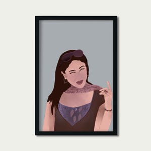 May include: A framed digital illustration of a person with long brown hair, sunglasses, and a patterned scarf. The person is wearing a dark brown top over a purple patterned top. The background is a solid light gray.