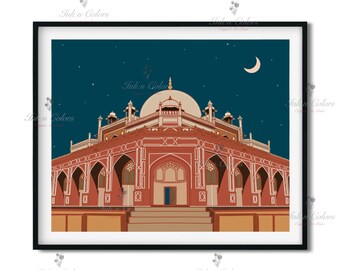 Tumba de Humayun: impresión de viaje a la India, arte mural, impresión de arquitectura india, obra de arte de Delhi, obra de arte de la India, póster de la India, arte mural de la India, impresión de ciudad