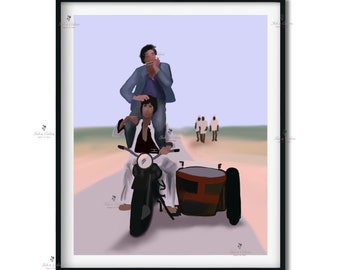 May include: A digital illustration of two men riding a motorcycle with a sidecar down a dusty road. The man in the front is wearing a white shirt and sunglasses. The man in the back is wearing a blue shirt and is playing a harmonica. There are three people walking in the distance.