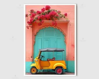 Desi poster art, Digital Painting, Bougainvillea and Tuk Tuk travel print, Modern Indian colorful Art,Desi Art,Indian home decor,Printable