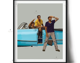 May include: Three men in a light blue convertible car. The man in the back seat is wearing a purple shirt and has his hand raised to his forehead. The man in the front passenger seat is wearing a yellow shirt and has his hand on the back of the driver's seat. The driver is wearing a blue shirt and has his hand on the steering wheel.