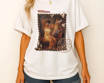 Maglietta con arte vintage • Maglietta grafica ispirata al cinema hindi • Maglietta Raja Ravi Verma • Maglietta estetica desi sud asiatica