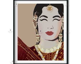 May include: A digital illustration of a woman wearing traditional Indian jewelry and a red and gold sari. The woman has her eyes closed and is looking down. The background is a light brown color.