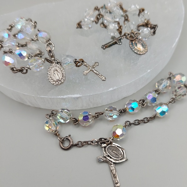 1 Pc Vintage Single Decade Rosary Bracelet • CAP Sterling or Creed Faceted Beads + Crucifix, Miraculous Charm • Catholic Clear Crystal