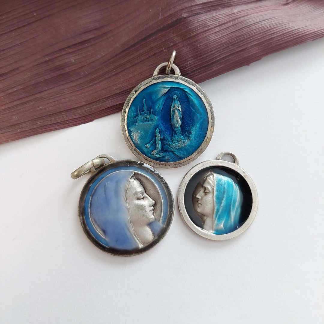 Vintage Our Lady of Lourdes Medal 1 Pc • Lg Enameled Notre Dame France ...