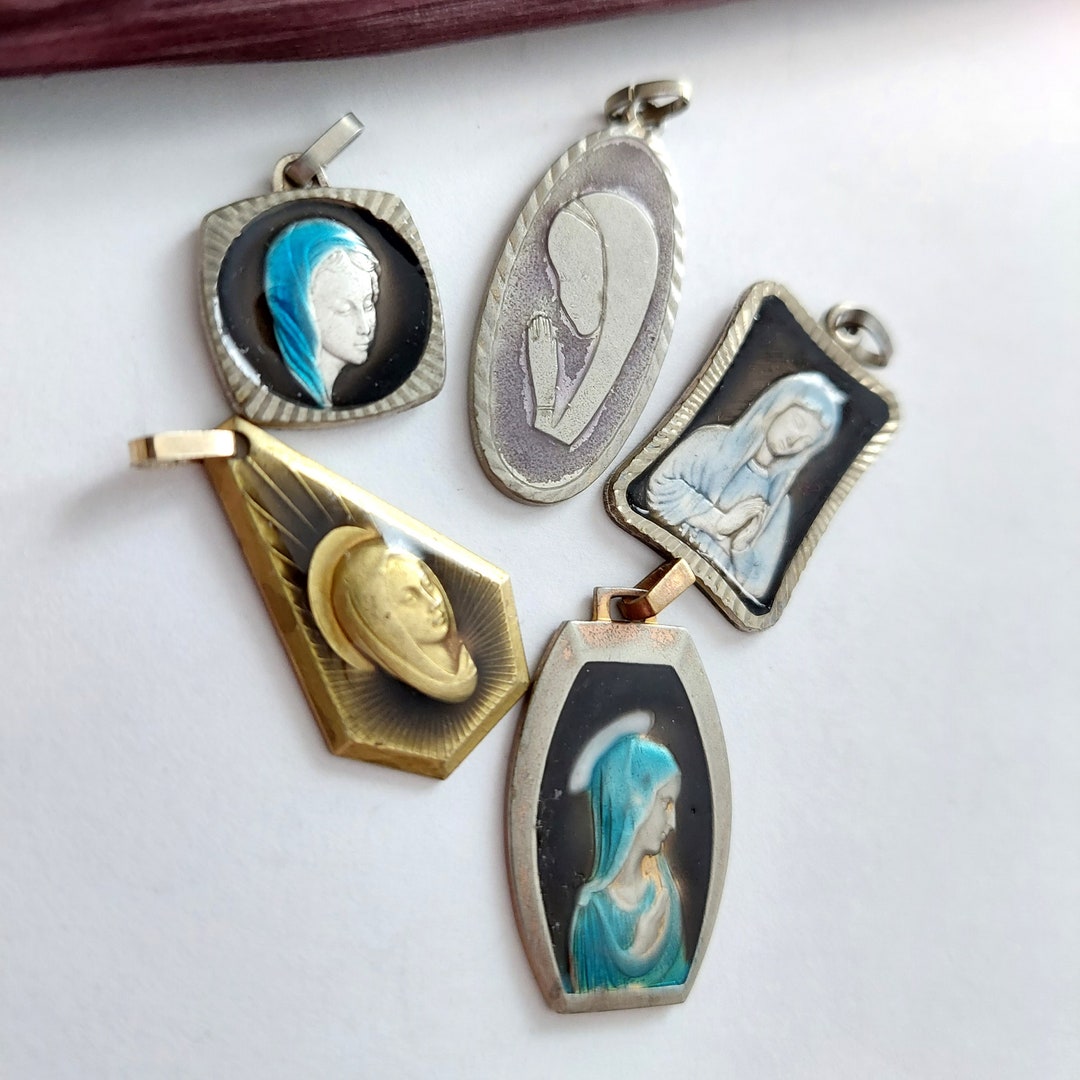 Vintage Virgin Mary Medal 1 Pc • Lg Enameled Blessed Mother Notre Dame ...