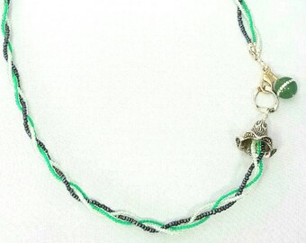 Braided Multi Strand Beaded Focal Necklace Flower Bead Cap Side Clasp Green Purple Silver Rhinestones Seed Beads Asymmetric Necklace for Her