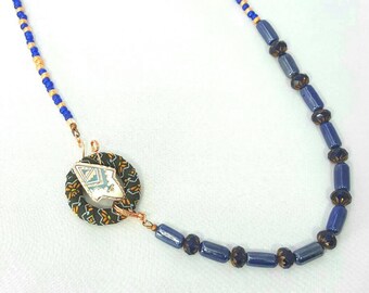 Blue Gold Copper Wire Wrapped Beaded Necklace Single Strand Side Pendant Hook and Eye Clasp Asymmetric Necklace Fabric Ring Arrow Pendant