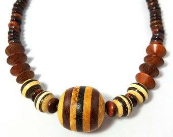 Cream Dark Brown Striped Beaded Necklace Single Strand Focal Bead Neutral Colors Earth Tones Statement Necklace Handmade Jewelry Gift