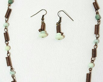 Jade Green Necklace and Earrings Set Coiled Copper Wire Jewelry Earth Tone Beaded Focal Necklace Single Strand Handmade Jewelry Gift Set