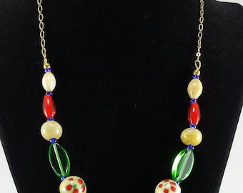 Delicate Statement Necklace  Vivid Bright Pattern Gold Chain Necklace Vintage Ceramic Beaded Necklace Single Strand Gift for Her Red Beige