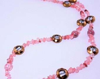 Opera Necklace Single Strand Salmon Pink Rhodonite Gold Edged Glass Beaded Cherry Quartz Jewelry Handmade Gift for Her Sister Gift for Wife