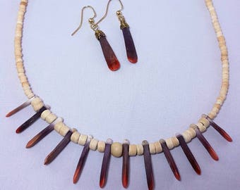 Sea Urchin Spine Necklace Earring Set Jewelry Sets Bone Beads Natural Materials Nature Jewelry Handmade Gift for Her Purple Ombre Statement