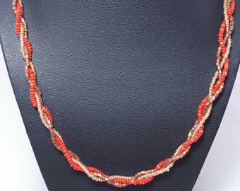 Three Strand Braided Necklace Fall Colors Natural Tones Red Copper Gold Jewelry for Her Thanksgiving Matinee Length Autumn Jewelry Handmade