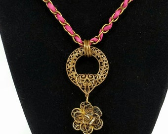 Woven Silk Maroon Chain Necklace Handmade Jewelry Filigree Pendant Colorful Charm Necklace Single Strand Copper Chain Girlfriend Sister Gift