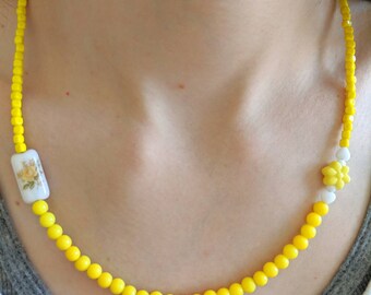 Sunny Bright Yellow Necklace Beaded Delicate Statement Necklace Girls Jewelry Handmade Gift for Daughter Spring Flowers Necklace Young Girl