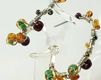 Wire Wrapped Beaded Hoop Earrings Amber Purple Green Silver Earrings for Teen Gift Student Gift for Girlfriend Handmade Jewelry for Her