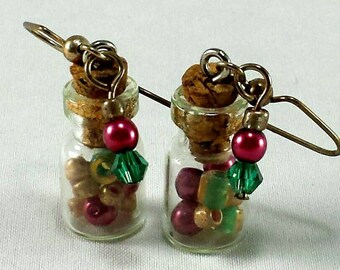 Glass Vial Earrings Birthday Party Gift Swarovski Crystal Jewelry Beaded Charm Earrings Tiny Jars Miniature Jewelry Pink Green Gold Earrings