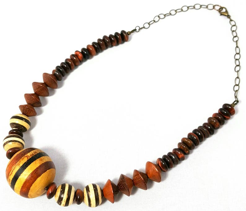 Cream Dark Brown Striped Beaded Necklace Single Strand Focal Bead Neutral Colors Earth Tones Statement Necklace Handmade Jewelry Gift image 2