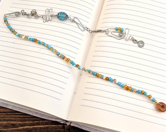 Blue Brown Beaded Wire Bookmark Friend Gift Book Charm Handmade Gift for Reader Book Lover Gift for Bookworm Page Marker Reading Accessory