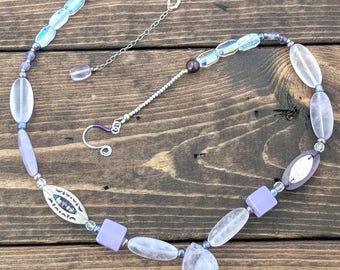 Amethyst and Glass Beaded Necklace Collarbone Necklace Purple Lavender Sparkling Crystal and Silver Jewelry Handmade Gift for Wife Mom Gift