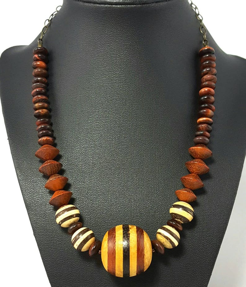 Cream Dark Brown Striped Beaded Necklace Single Strand Focal Bead Neutral Colors Earth Tones Statement Necklace Handmade Jewelry Gift image 5