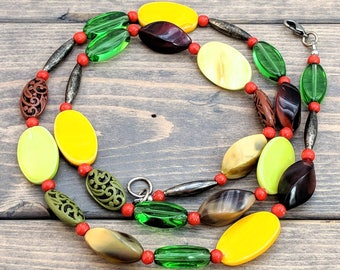 Fall Tree Colors Long Beaded Necklace Asymmetrical Jewelry Handmade Gift for Sister Bright Colors Earth Tones Nature Jewelry Autumn Necklace