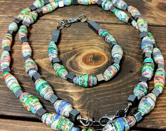 Paper Beaded Hematite Necklace and Bracelet Set Upcycled Jewelry Set Haitian Paper Beads Handmade Gift for Her Gift Set Support Donation