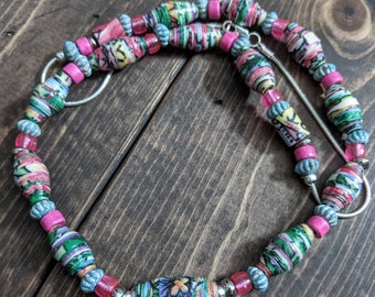 Fabric Beaded Necklace Upcycled Jewelry Eco Friendly Gift Fabric Beads Single Strand Necklace Gift for Her Multicolor Necklace Colorful