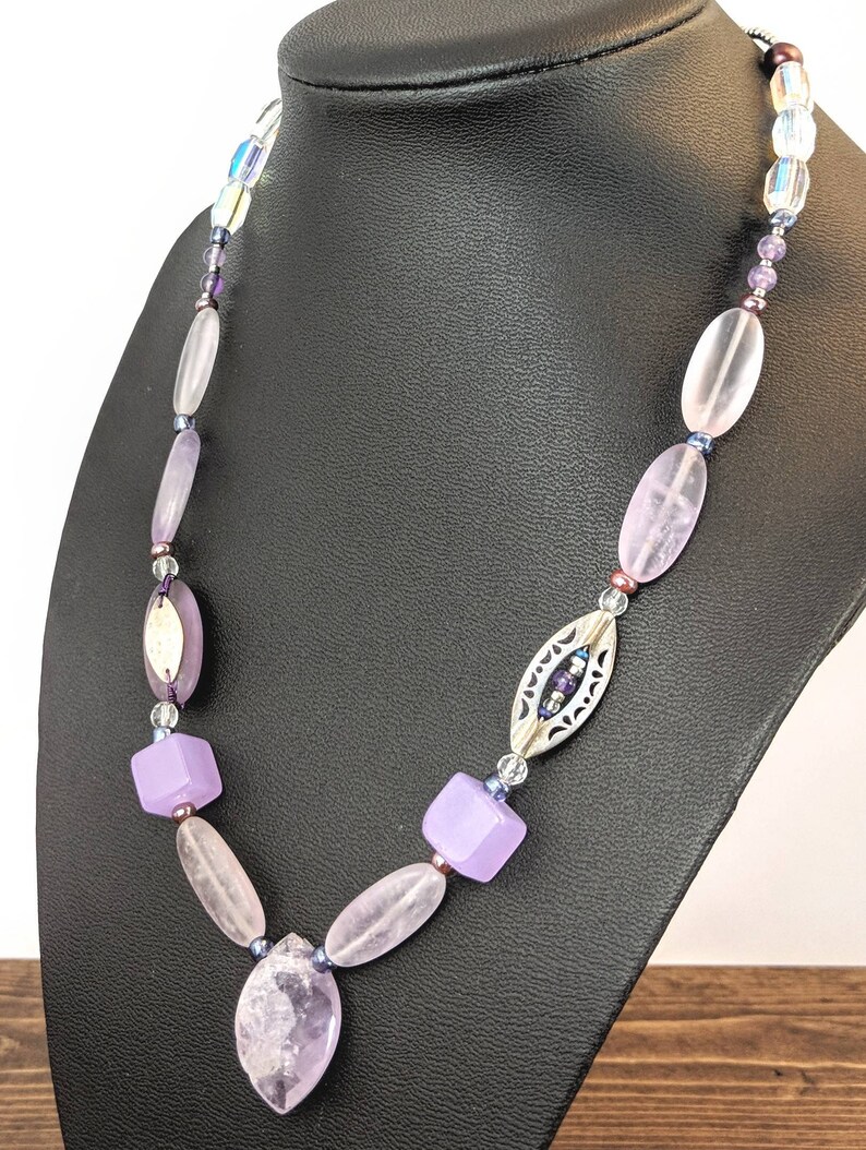 Amethyst and Glass Beaded Necklace Collarbone Necklace Purple Lavender Sparkling Crystal and Silver Jewelry Handmade Gift for Wife Mom Gift image 6