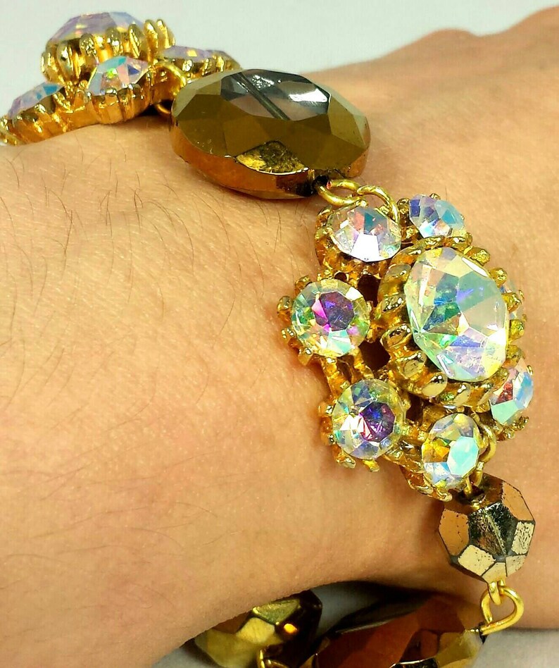 Gold Bracelet Glass Crystal Jewelry Handmade Iridescent Sparkly