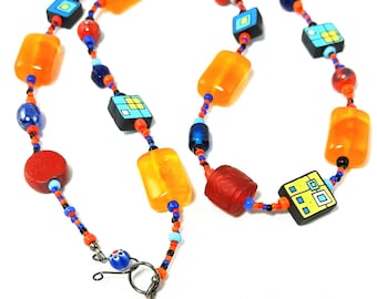 Orange Blue Green Red Long Necklace Handmade Jewelry Single Strand Beaded Necklace Split Complementary Color Scheme Mixed Beads Patterned