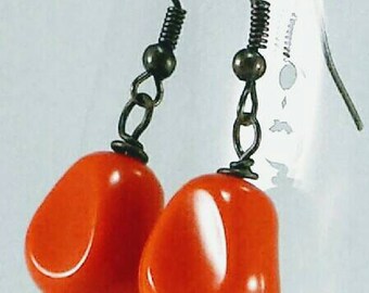 Orange Beaded Earrings Bright Jewelry Handmade Sunset Colors Lightweight Drop Earrings Pop of Color Bronze Casual Wear and Go Fun Bouncy