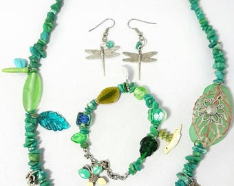 Garden Jewelry Set Mom Gift for Gardener Necklace Bracelet Earrings Gift Set Handmade Jewelry Green Recycled Jewelry Beaded Charm Jewelry