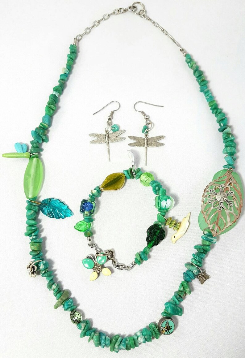 Garden Jewelry Set Mom Gift for Gardener Necklace Bracelet Earrings Gift Set Handmade Jewelry Green Recycled Jewelry Beaded Charm Jewelry image 1