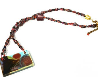Art Necklace Purple Red Braided Strands Wire Wrapped Beaded Necklace Ceramic Pendant Handmade Jewelry Gift for Friend Artist Gift for Her
