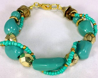 Gold Teal Twisted Bracelet Double Strand Geometric Shapes Blue Acrylic Beaded Chunky Bracelet Vintage Style Jewelry Handmade Gift for Her