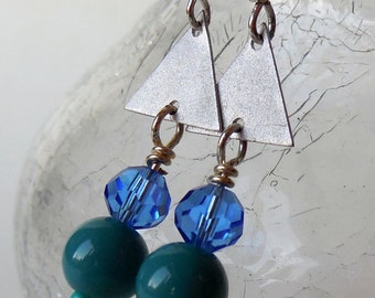 Geometric Earrings Triangle Earrings Blue Earrings Crystal Earrings Teal Earrings Drop Earrings Beaded Earrings Handmade Jewelry Short Drop