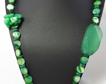 Green Shell Beaded Long Necklace Asymmetric Vintage Style Jewelry Handmade Necklace Gift for Sister Cluster Necklace for Friend