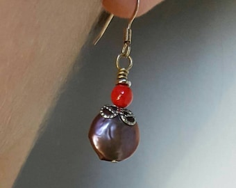 Purple and Red Dangle Earrings Filigree Drop Earrings Handmade Jewelry Iridescent Shell Coral Beaded Earrings Silver Wire Wrapped Gift