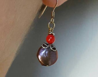 Purple and Red Dangle Earrings Filigree Drop Earrings Handmade Jewelry Iridescent Shell Coral Beaded Earrings Silver Wire Wrapped Gift