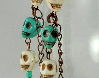 Skull Earrings Turquoise Earrings Copper Chain Earrings Day of the Dead Handmade Earrings White Blue Wire Wrapped Copper Earrings