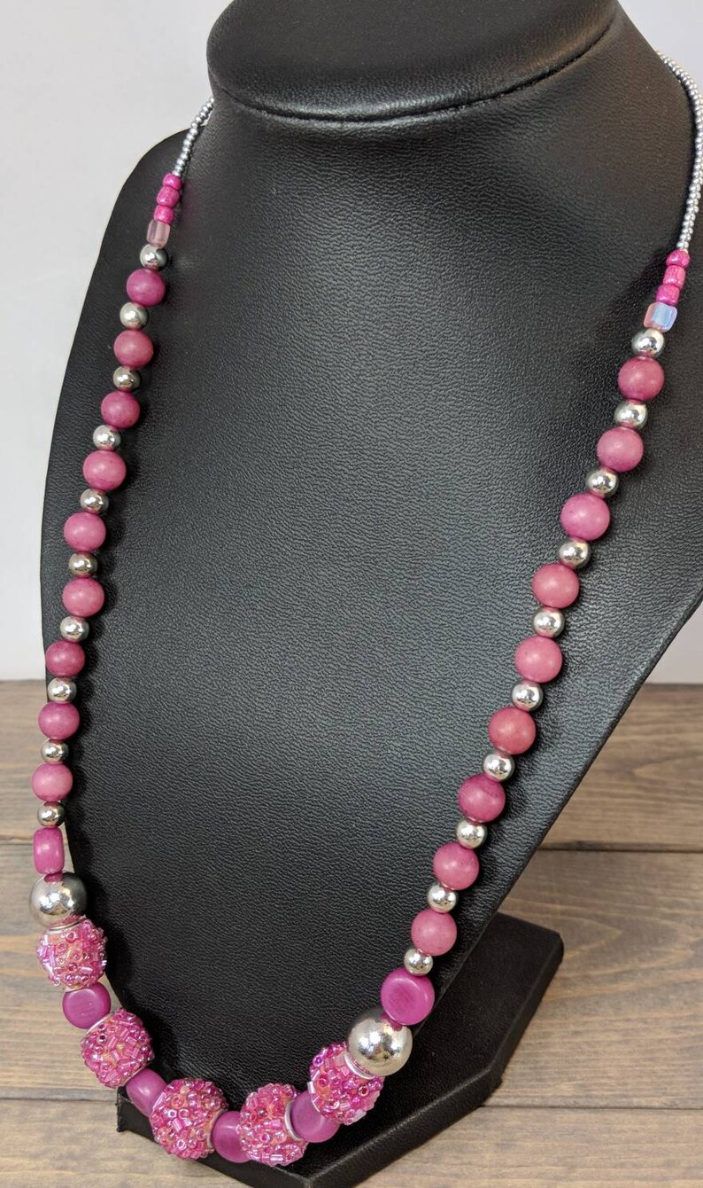 Pink Beaded Beads Silver Necklace Statement Necklace Matinee Etsy