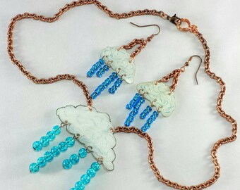 Cloud Necklace Earrings Set Rain Cloud Charms White Blue Copper Chain Single Strand Student Gift Set Handmade Jewelry Set Shrinky Dinks