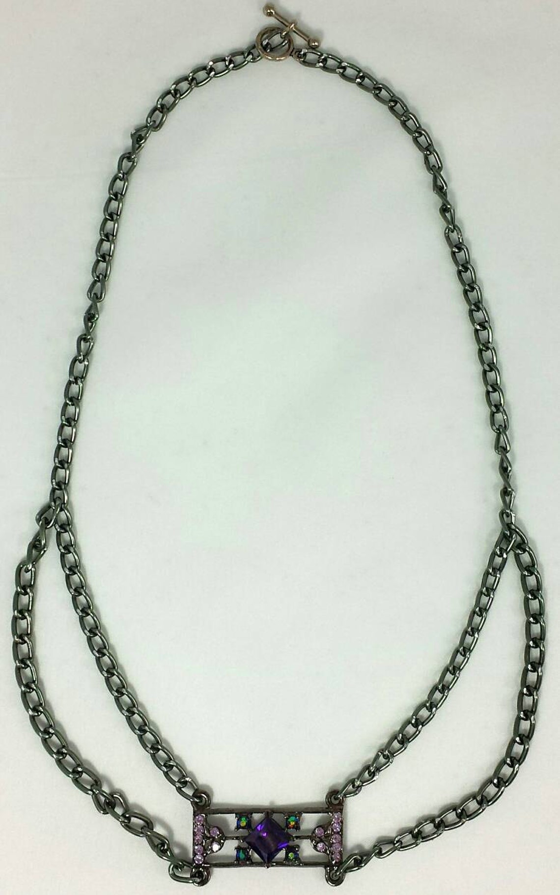 Double Strand Chain Purple Necklace Focal Bead Silver Gunmetal Etsy