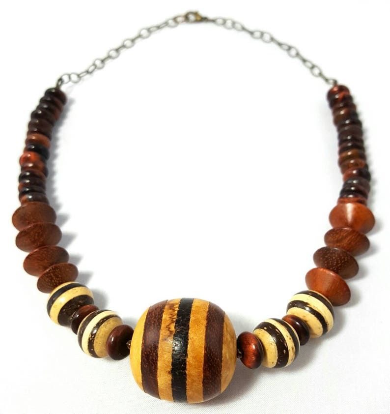 Cream Dark Brown Striped Beaded Necklace Single Strand Focal Bead Neutral Colors Earth Tones Statement Necklace Handmade Jewelry Gift image 1