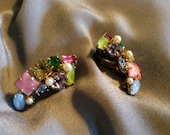 Multi-colored Moonstone, Pearl and Rhinestone Earrings set in Gold Tone Metal